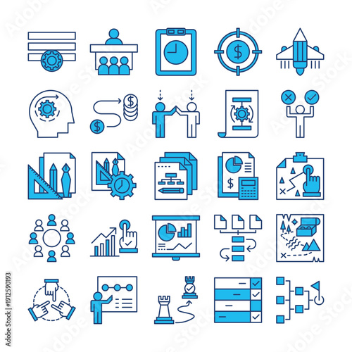 25 Premium Business Planning Icon Set with Filled Blue Lines – Corporate Strategy & Growth Management Collection