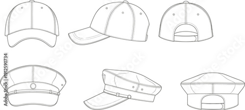 Caps, hats, mockup, set, baseball, uniform, headwear, template, vector, illustration, fashion, accessory, clothing, design, front, back, side, isolated, collection, outline