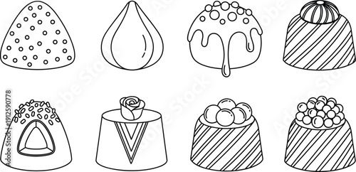Chocolate, candies, dessert, sweets, confectionery, set, vector, illustration, doodle, outline, treats, bakery, sugar, snack, collection, isolated, icon, food, cute, pack
