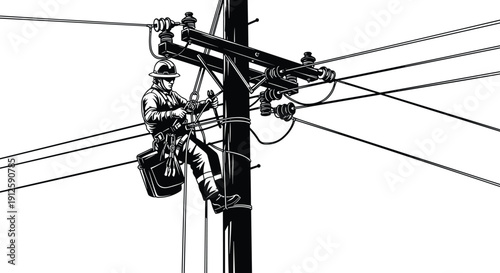Utility worker climbing power pole silhouette, electrical maintenance safety illustration, lineman harness gear vector art, energy distribution repair concept scene - flavector