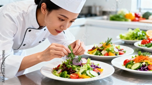 Young female chef artfully garnishing fresh salads in a modern kitchen