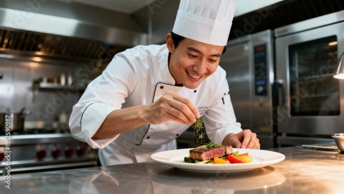 Smiling chef garnishing a delicious dish in a professional kitchen