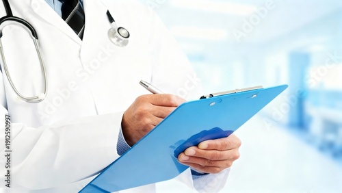 Doctor writing on clipboard in clinic