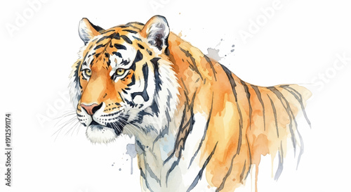 Watercolor painting of a majestic tiger head looking forward.
