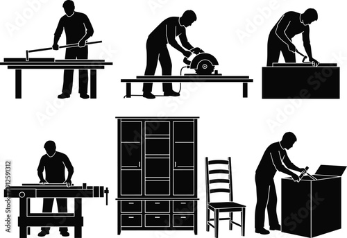 Woodworking furniture making silhouette, carpentry craftsmanship illustration, hammer chisel saw lathe vector art, artisan repair assembly packaging concept - flavector