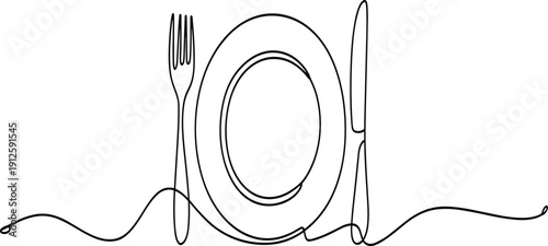 Minimalist line of a plate with a fork and knife on a table line minimalist