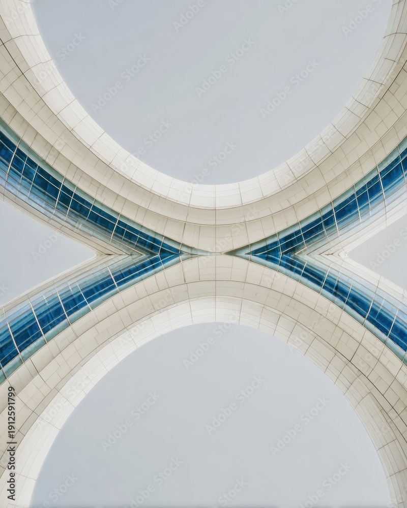Obraz premium Modern futuristic architecture with curved glass facade and white panels creating a symmetrical geometric pattern for commercial corporate backgrounds with copy space
