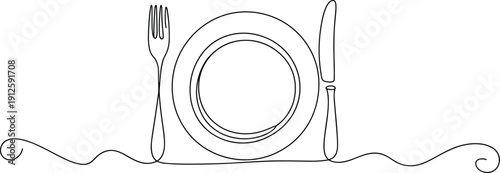 Minimalist line of a plate with a fork and knife on a wavy line background line plate