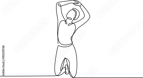 Person stretching arms upwards with one leg bent and the other straight in a simple line on a white background