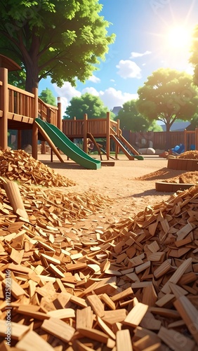A sunny playground with a pile of wood chips