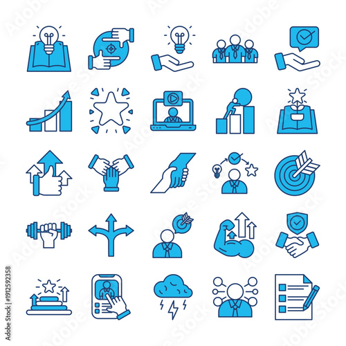 25 Premium Mentoring and Training Icon Set with Filled Blue Lines – Professional Coaching & Skill Development Collection