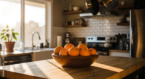 Ripe, vibrant oranges resting in a rustic wooden bowl placed centrally upon a sunlit butcher block kitchen island counter surface on transparent background