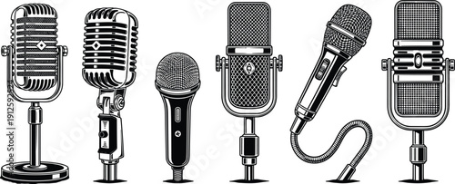 Vintage retro microphones collection vector illustration detailed black and white hand drawn audio recording equipment classic studio set
