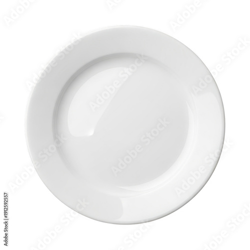 A pristine white dinner plate with a subtle rim and clean design.
