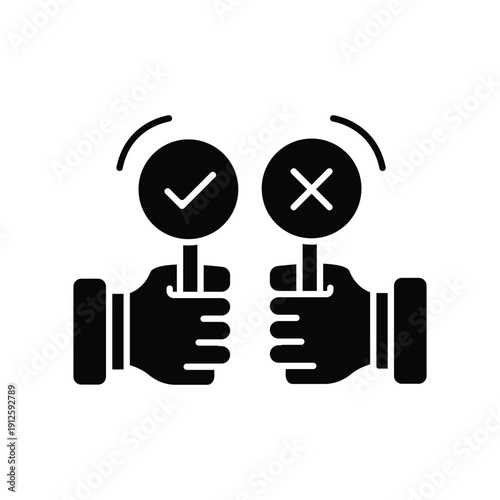 Two hands holding signs, one with a checkmark and the other with an 'X', representing choice, decision-making, and evaluation.
