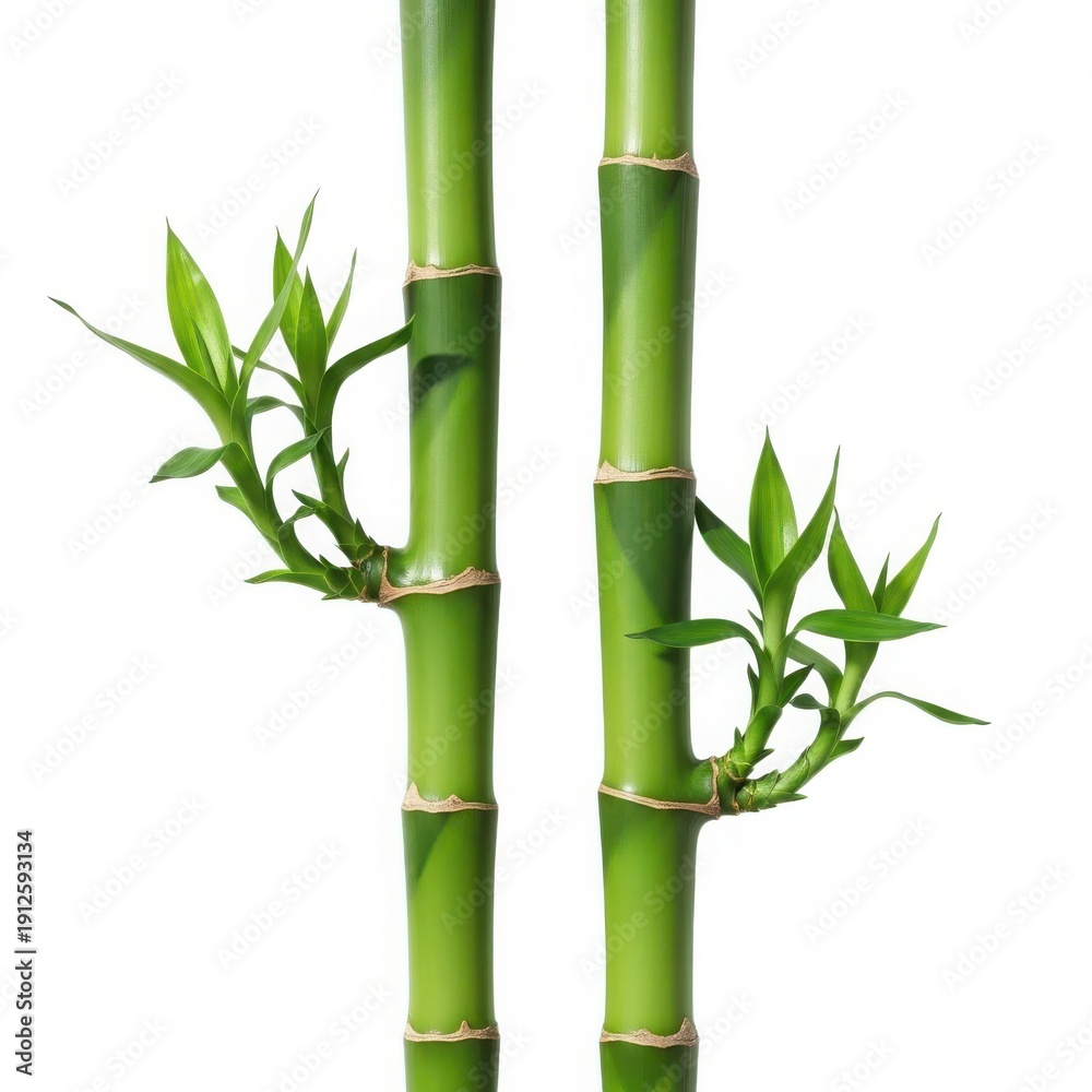 Obraz premium Three bamboo stalks with leaves growing from their sides against a white background