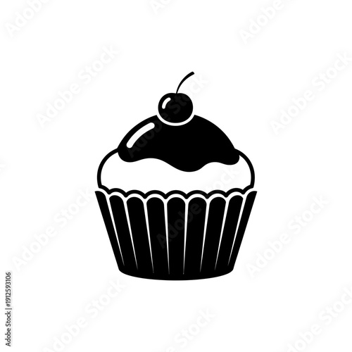 Cupcake Silhouette Illustration with Cherry on Top, Sweet Bakery Logo Concept, Minimalist Dessert Vector for Cafe Menu