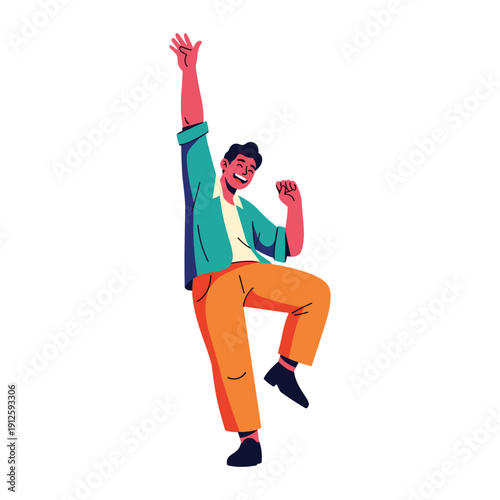 Cheerful man celebrating success with raised arm and happy dance
