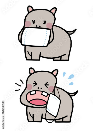 カバがマスクとくしゃみをしているイラスト