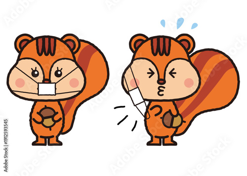 りすがマスクとくしゃみをしているイラスト