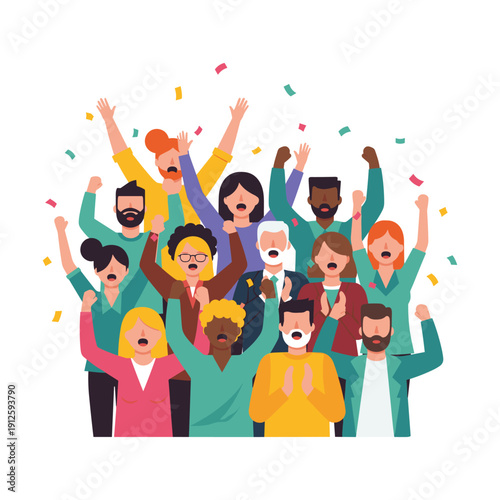 Diverse group of people celebrating with arms raised in joy and excitement