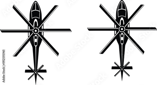 Helicopter top view silhouette set, military aircraft vector illustration, rotor aviation icon collection, black and white transport graphic design