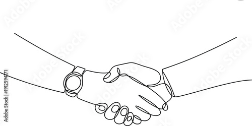 Two hands shaking with one wearing a watch and the other with a ring on the ring finger handshake