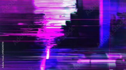 Glitch effect background with pink, blue, and purple, suitable for website designs, online content, marketing campaigns, and thematic visuals. The retro futurism conveys innovation and nostalgia for d