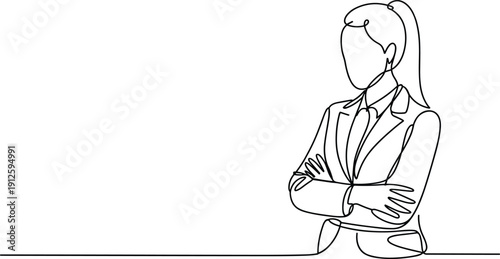 Woman in a suit with arms crossed standing confidently in a minimalist line