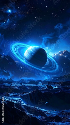 A vibrant blue planet with rings in a starry night sky