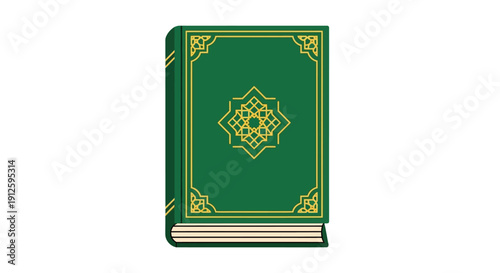 Islamic Quran book illustration with green cover and gold ornaments.