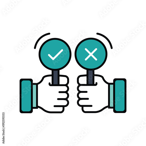 Two hands holding up decision paddles, one with a green checkmark for approval and the other with a red 'X' for disapproval, symbolizing choice and evaluation.