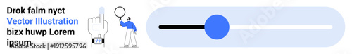 Minimalist slider bar alongside inspecting figure and pointing hand illustration conveying interaction, UI adjustment, data analysis, user technology. Ideal for apps, websites, UX design, data