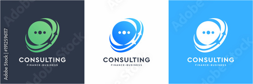 Modern Finance and Business Consulting Logo Template. Vector icon Global Upward and Speech Bubble concept.