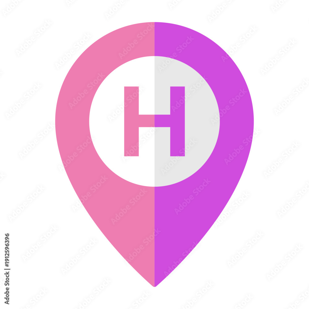 Obraz premium Hospital location pin icon with letter H, pink and purple map marker isolated on transparent background.