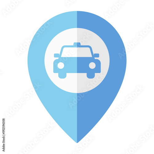 Taxi location pin icon with cab car symbol, blue map marker isolated on transparent background.
