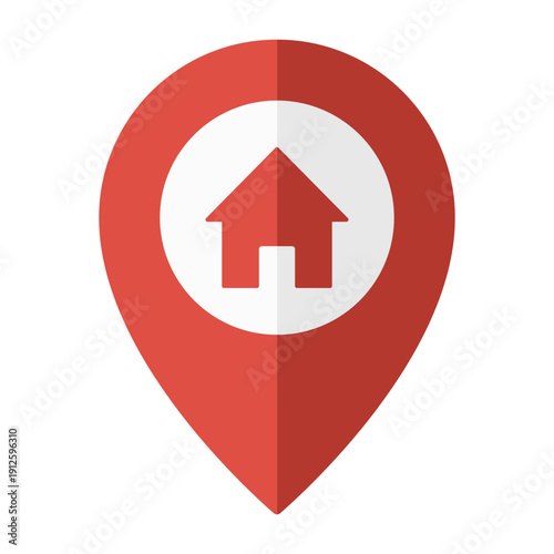 Home location pin icon with house symbol, red map marker isolated on transparent background.
