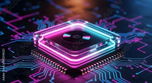 Neon-lit advanced CPU chip placed on futuristic circuit board for modern technology