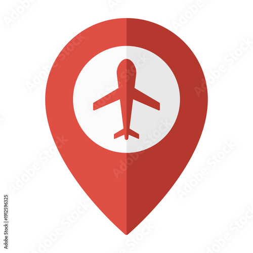 Airport location pin icon with airplane symbol, red map marker isolated on transparent background.