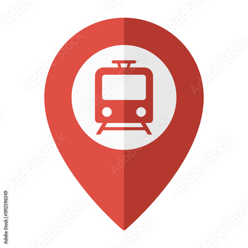 Tram station location pin icon with streetcar symbol, red map marker isolated on transparent background.