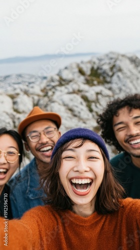 Cheerful Group of Diverse Friends Taking Selfie Outdoors Against Scenic Rocky Mountain Backdrop for Social Media Content and Authentic Friendship Marketing