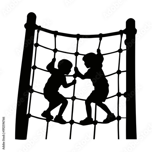 SILHOUETTE OF CHILDREN CLIMBING A ROPE NET