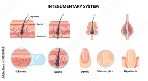 Medical Illustration of the Integumentary System Showing Skin Layers Epidermis Dermis Hypodermis Hair Follicle Sebaceous Gland and Nail Structure for Education.