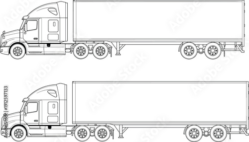 Semi, truck, trailer, blueprint, transport, vehicle, cargo, logistics, vector, illustration, technical, drawing, delivery, freight, industrial, outline, shipping, design, schematic, engineering