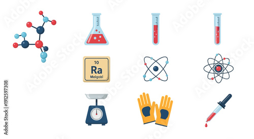 Comprehensive Science and Chemistry Icon Set Featuring Molecule, Erlenmeyer Flask, Test Tubes, Periodic Table Element, Atom Models, Lab Scale, and Safety Gloves