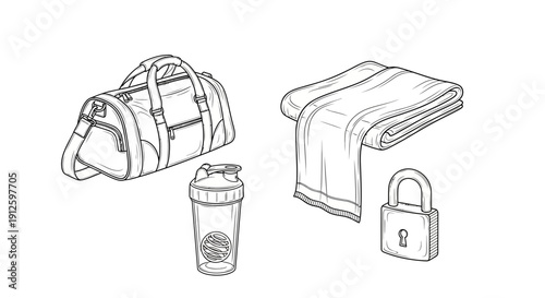 Gym Bag, Towel, Shaker Bottle, and Lock: Fitness Essentials for Workout and Locker Room