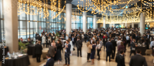 Blurred crowd of business people networking at a corporate event with bokeh lights, creating a festive and professional atmosphere.
