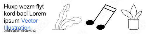 Nature, creativity, home decor, music, minimalism, art. Two abstract plants and a musical note outlined in black. Nature and creativity concepts for modern design