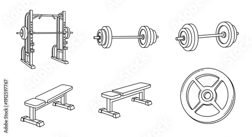 Gym Equipment Set: Smith Machine, Barbells, Weight Plates, and Benches - Fitness Icons
