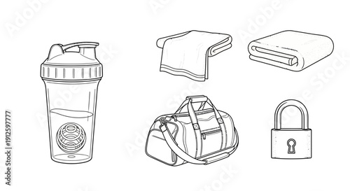 Gym Essentials: Shaker Bottle, Towels, Duffle Bag, and Padlock - Fitness Lifestyle Icons